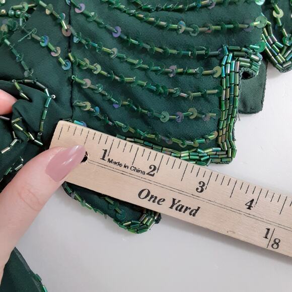 Vintage Laurence Kazar NY Beaded Gown 100% Silk Dress Drop Waist Green M 1920s - Picture 11 of 11